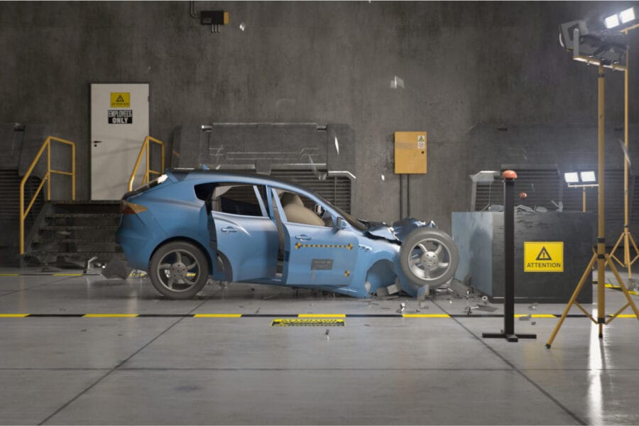 A blue car is crashed into a barrier inside a testing facility. The vehicle's front is heavily damaged, and debris is scattered around. Yellow caution signs and bright lights are positioned nearby, indicating a controlled crash test environment.