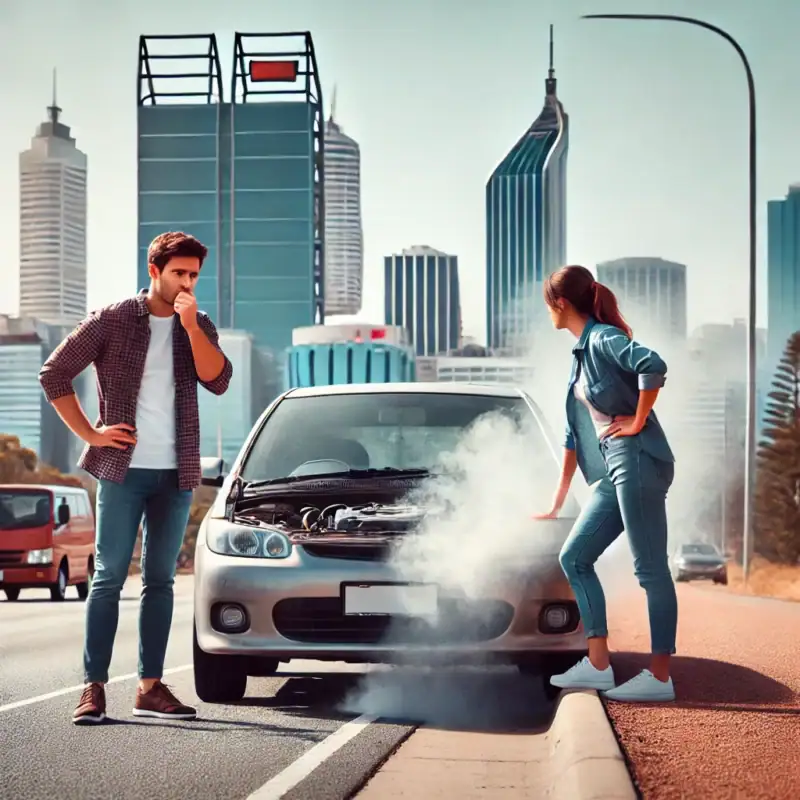couple who has pulled their car to the side of the road with smoke coming from the engine, set against the Perth skyline