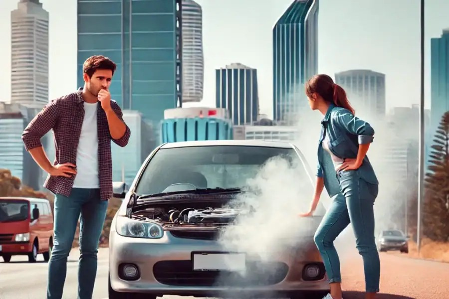 couple who has pulled their car to the side of the road with smoke coming from the engine, set against the Perth skyline