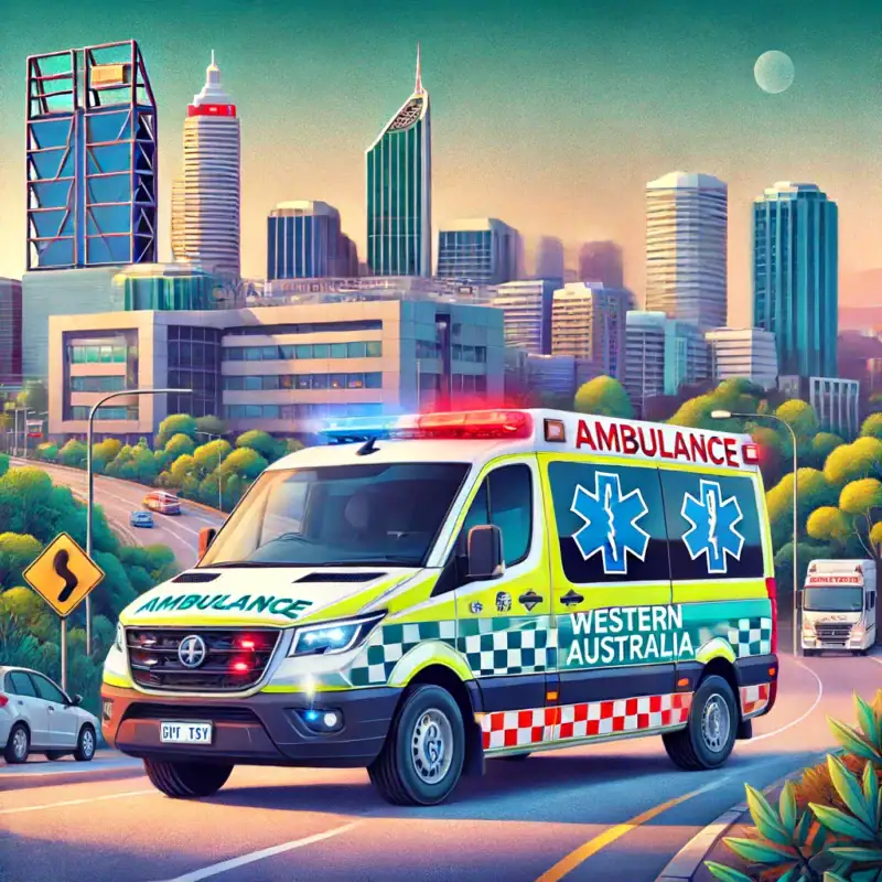 Western Australian ambulance driving towards the Royal Perth Hospital