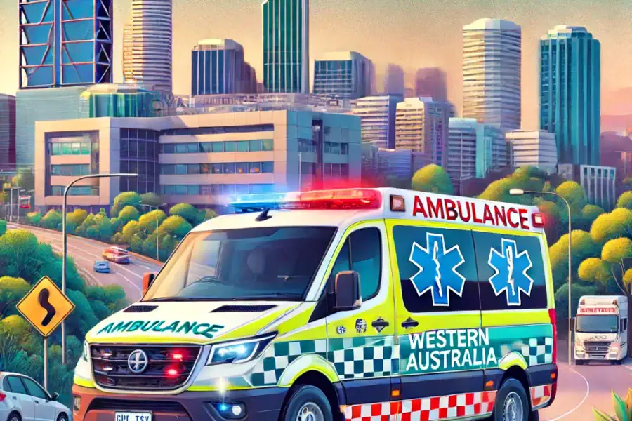 Western Australian ambulance driving towards the Royal Perth Hospital