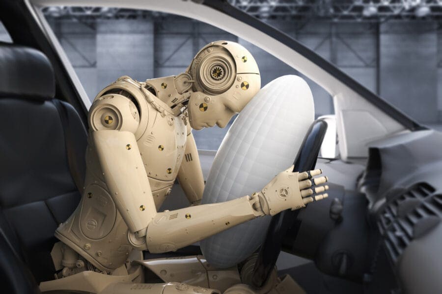 A humanoid robot sits in the driver's seat of a car, its head nestled on an inflated airbag, evaluating what is the best position to survive a car crash. The industrial setting hints at rigorous vehicle safety testing or crash simulation.