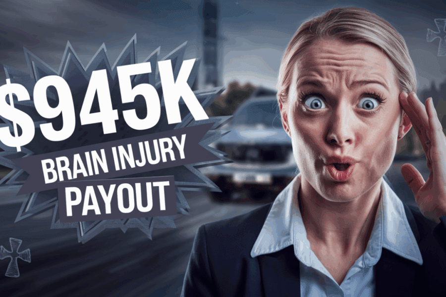 A surprised woman in a suit stands before a blurred backdrop featuring a car. Large text beside her reads "$945K Brain Injury Payout" in bold, stylized letters, highlighting the expertise of her dedicated brain injury lawyer.