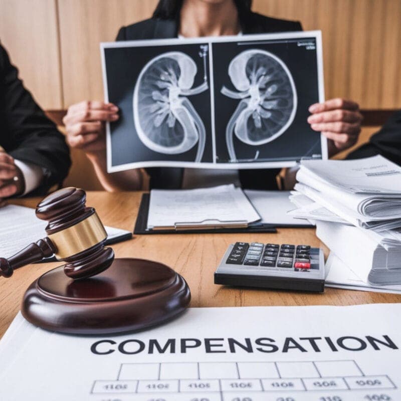 Three people are seated at a table with legal documents labeled "Compensation." One person holds up kidney X-rays. A gavel, calculator, and stack of papers suggest a legal or medical discussion about public liability claim compensation.