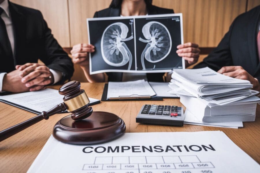 Three people are seated at a table with legal documents labeled "Compensation." One person holds up kidney X-rays. A gavel, calculator, and stack of papers suggest a legal or medical discussion about public liability claim compensation.