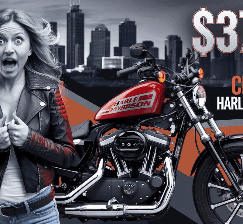Motorcycle accident injury claim awarded $374K compensation after Harley-Davidson crash in Western Australia, highlighting emotional impact and financial recovery. A surprised woman in a leather jacket stands next to a Harley-Davidson motorcycle. Large text reads "$374K after crashing Harley-Davidson." The city skyline is visible in the background.