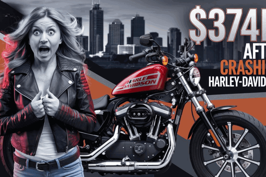 Motorcycle accident injury claim awarded $374K compensation after Harley-Davidson crash in Western Australia, highlighting emotional impact and financial recovery. A surprised woman in a leather jacket stands next to a Harley-Davidson motorcycle. Large text reads "$374K after crashing Harley-Davidson." The city skyline is visible in the background.