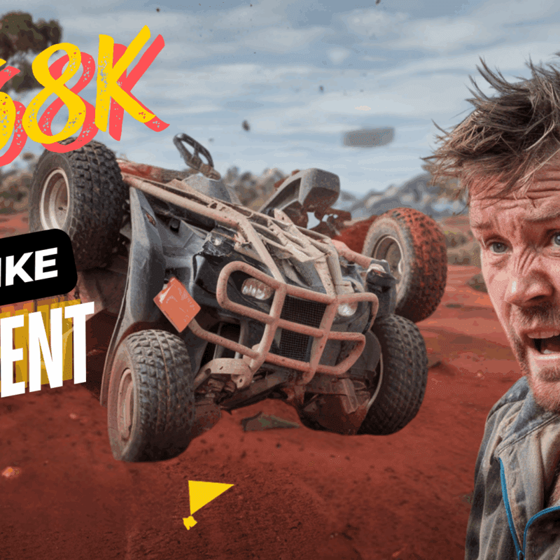 A man with an alarmed expression stands in front of an overturned quad bike on a dirt path. The text reads "$968K Quadbike Accident" in bold letters. Sparse greenery is visible in the background.