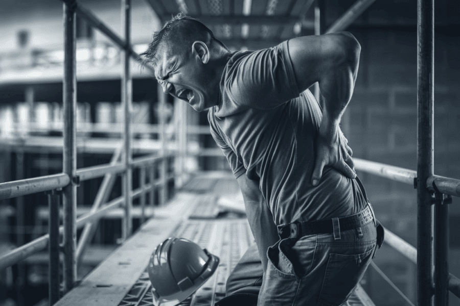 A construction worker clutches his lower back in pain while standing on scaffolding, illustrating the harsh realities that emphasize the importance of workplace injury compensation. A safety helmet lies on the ground nearby in this grayscale image, highlighting the worker's expression and industrial setting.