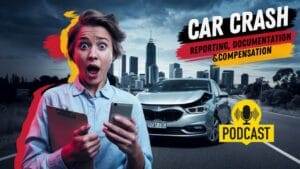 A surprised person holds a phone and clipboard in front of a damaged car on a city street. The text reads "Car Crash: Reporting, Documentation & Compensation" with a podcast icon. The background shows a skyline.