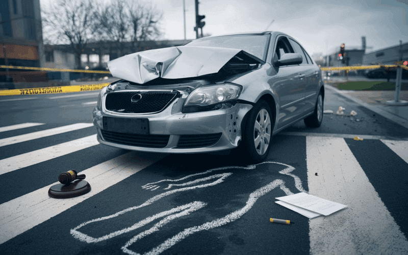 A silver car with a damaged front is parked on a pedestrian crossing, suggesting a scene ripe for a fatal accident claim. A chalk outline and gavel lie nearby, hinting at compensation discussions. Police tape drapes the background while the overcast sky looms above the unfolding investigation.