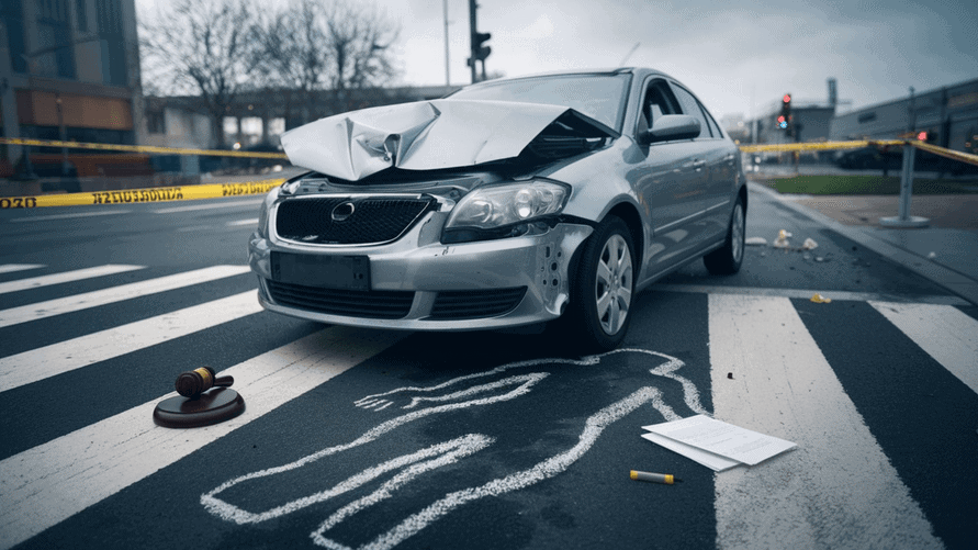 A silver car with a damaged front is parked on a pedestrian crossing, suggesting a scene ripe for a fatal accident claim. A chalk outline and gavel lie nearby, hinting at compensation discussions. Police tape drapes the background while the overcast sky looms above the unfolding investigation.