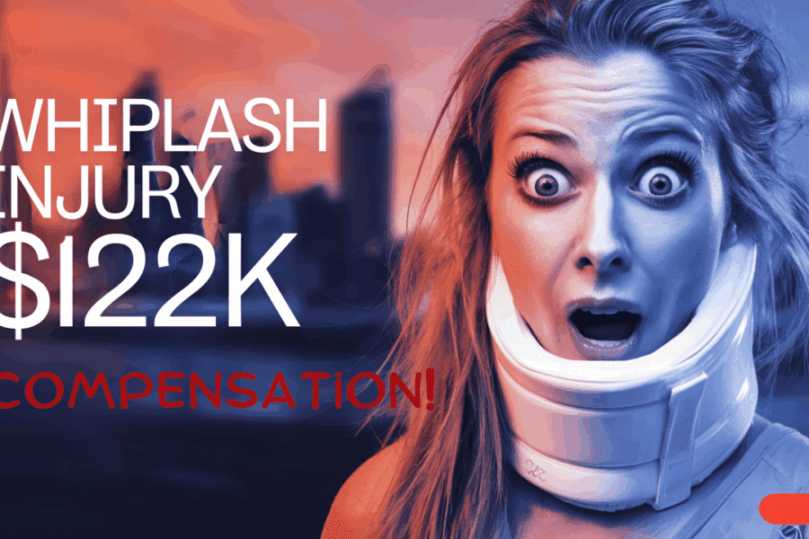A woman with a surprised expression wears a neck brace against a cityscape backdrop. Text overlays read "Whiplash Injury $122K Compensation!" in bold letters. The image blends blue and orange tones.