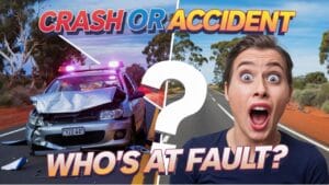 Collage featuring a damaged car with flashing lights, a large question mark, and a surprised person. Text reads, "Crash or Accident? Who's at Fault?" in bold, colorful letters. Rural road and trees in the background.