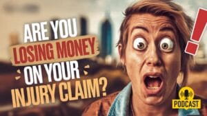 A surprised person with wide eyes and an open mouth appears next to bold text asking "Are you losing money on your injury claim?" A prominent exclamation mark is also shown, along with a yellow podcast icon in the corner.