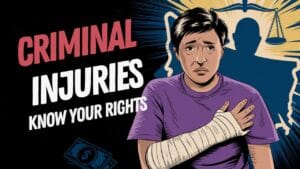 Illustration of a concerned person with an arm in a bandage. The background shows scales of justice and a blue silhouette. Text reads "Criminal Injuries: Know Your Rights" with an image of a money stack.