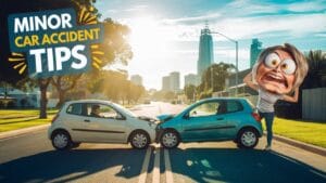 Two small cars have collided head-on in the middle of a sunny street. A large cartoonish, shocked face is superimposed next to the cars. Text reads "Minor Car Accident Tips.
