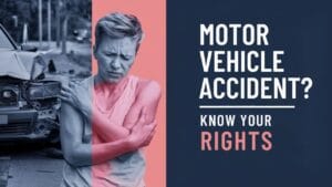 A person holding their shoulder in pain stands beside a damaged car. Text reads "Motor Vehicle Accident? Know Your Rights" on a dark background.