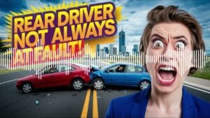 A surprised woman in the foreground with wide eyes and open mouth. Behind her, two cars are shown in a rear-end collision. Text reads, "REAR DRIVER NOT ALWAYS AT FAULT!" in bold letters. The city skyline is visible in the background.