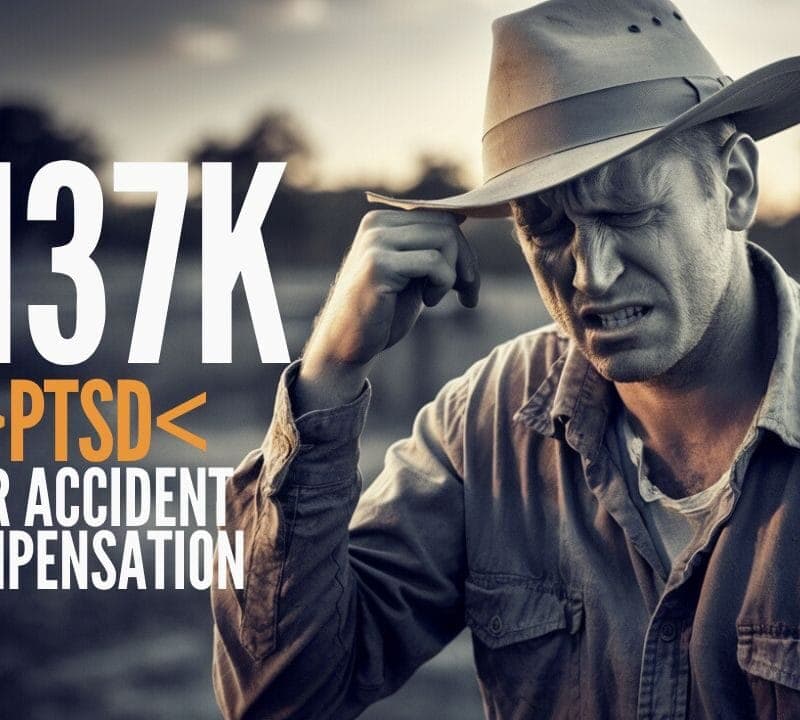 A man in a wide-brimmed hat appears distressed, touching his head. The overlay text reads "$137K PTSD Car Accident Compensation" in bold letters. The background is blurred, suggesting a rural or outdoor setting.