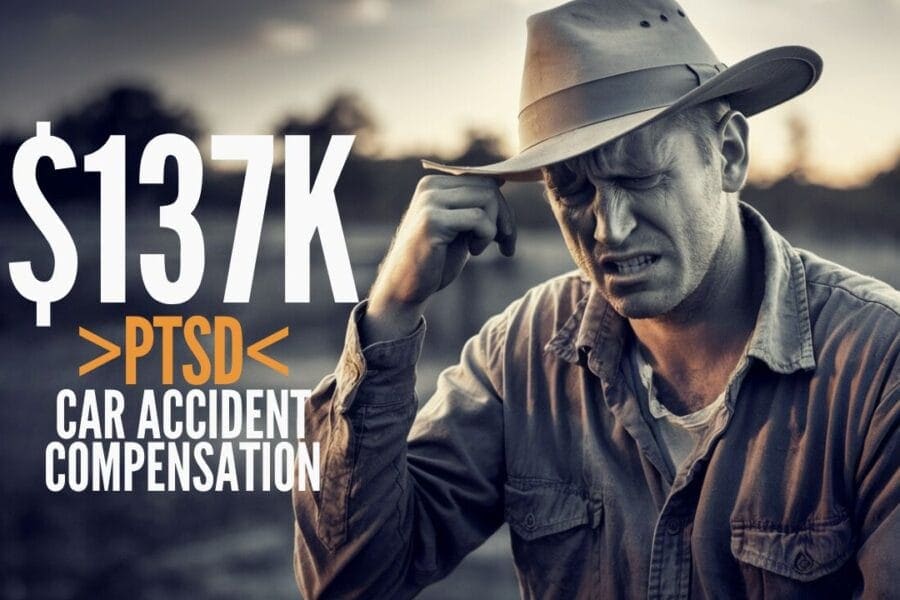A man in a wide-brimmed hat appears distressed, touching his head. The overlay text reads "$137K PTSD Car Accident Compensation" in bold letters. The background is blurred, suggesting a rural or outdoor setting.