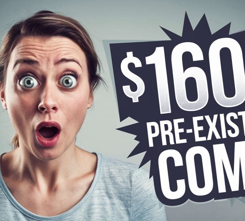 A surprised woman with wide eyes and open mouth stands next to bold text that reads "$160K Pre-Existing Comp!" against a gray background. The expression suggests shock or amazement at the statement.