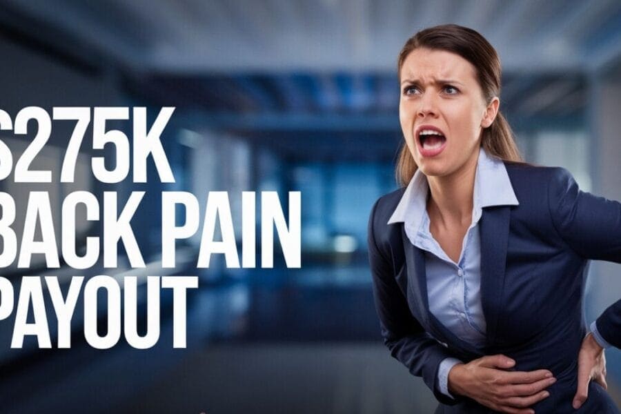 A woman in a business suit holds her lower back, expressing discomfort. To her left, large text reads "$275K Back Pain Payout" against an office background.