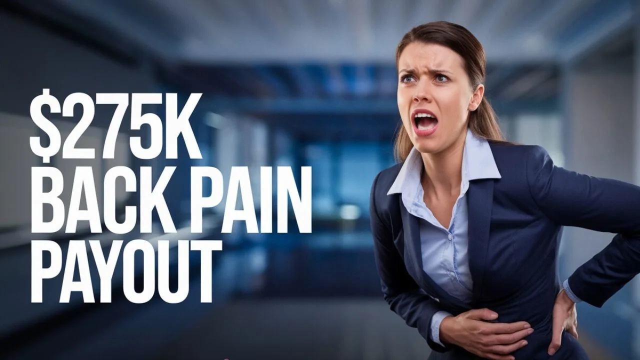A woman in a business suit holds her lower back, expressing discomfort. To her left, large text reads "$275K Back Pain Payout" against an office background.