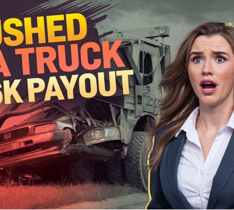 A surprised woman in a business suit stands before an image of a crushed truck, highlighting the $156K payout. The text underscores "CRUSHED BY A TRUCK," emphasizing negligence in motor vehicle accidents with a dramatic backdrop.