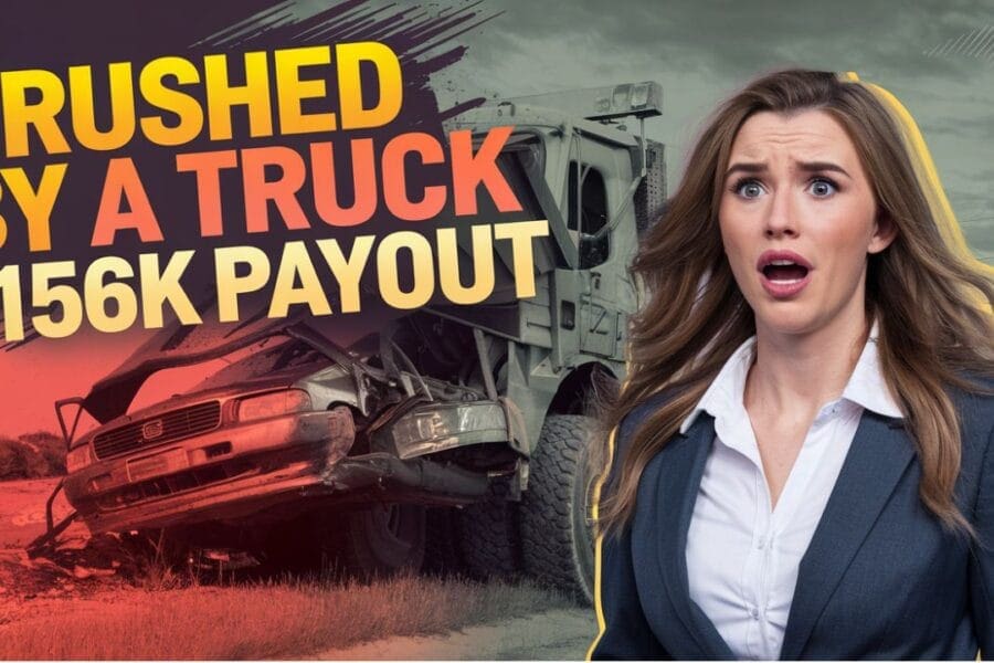 A surprised woman in a business suit stands before an image of a crushed truck, highlighting the $156K payout. The text underscores "CRUSHED BY A TRUCK," emphasizing negligence in motor vehicle accidents with a dramatic backdrop.