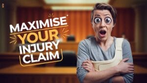 A surprised person in a sling stands in a courtroom with exaggerated wide eyes. The text reads, "Maximise Your Injury Claim.