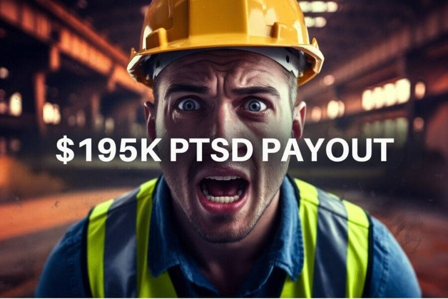 A construction worker wearing a yellow hard hat and neon safety vest looks shocked. The text overlay reads, "$195K PTSD PAYOUT." The background shows the interior of a factory or warehouse.