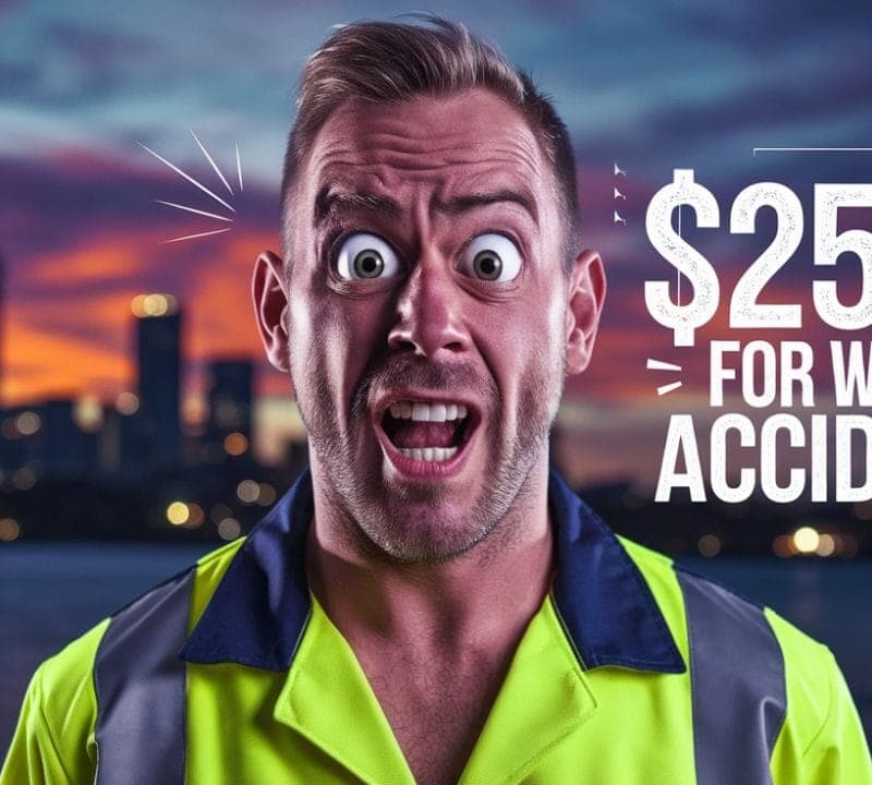 A surprised man wearing a high-visibility jacket stands in front of a city skyline at sunset, with the text "$257K for work accident!" displayed beside him.
