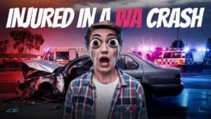 A person with exaggerated wide eyes stands in front of a car crash scene. The background shows police cars and flashing lights. Text reads "Injured in a WA Crash.