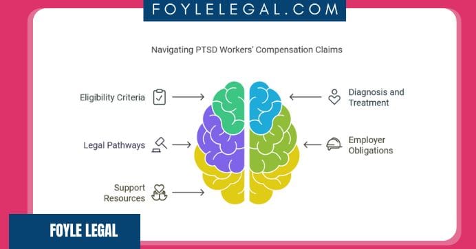 Diagram showing a colorful brain split into sections with labels: Eligibility Criteria, Legal Pathways, Support Resources, Diagnosis and Treatment, and Employer Obligations, under the title "Navigating PTSD Workers' Compensation Claims.
