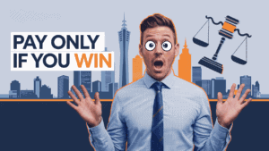 A surprised man with cartoon eyes stands in front of a cityscape. The text reads, "Pay Only If You Win," and an illustration of a gavel and scales of justice appears above him.