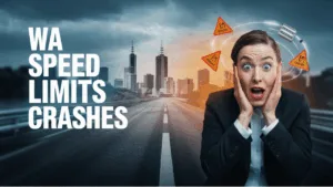 A person with a surprised expression holds their face against a backdrop of a cityscape and highway. Warning signs hover above their head, emphasizing road safety concerns. Text on the left reads, "WA Speed Limits Crashes.