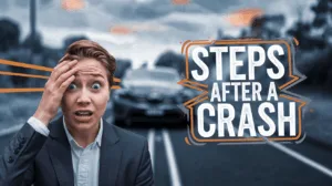 A person in a suit looks shocked, holding their head with one hand. An out-of-focus car appears in the background on a road. Bold text reads, "Steps After a Crash." Learn how to document a car accident and navigate CTP insurance WA for peace of mind.