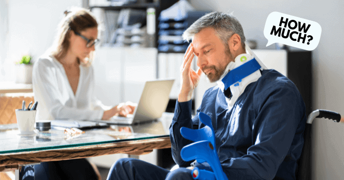 A man with a neck brace and crutches sits at a table looking distressed, pondering personal injury claim payouts. A speech bubble next to him reads "HOW MUCH?" In the background, a woman diligently works on her laptop.