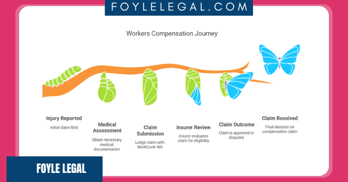 Flowchart depicting the workers compensation journey as a caterpillar's lifecycle: injury reported (caterpillar), medical assessment, claim submission, insurer review (chrysalis stages), claim outcome, and claim resolved (butterfly stages).